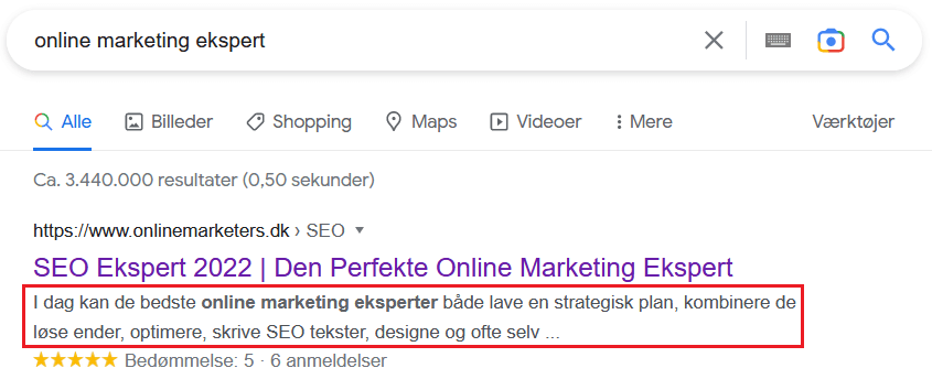 google serp meta beskrivelse