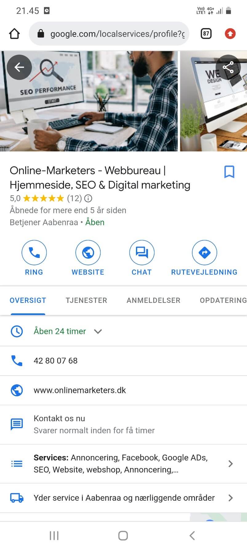 Eksempel på google my business profil