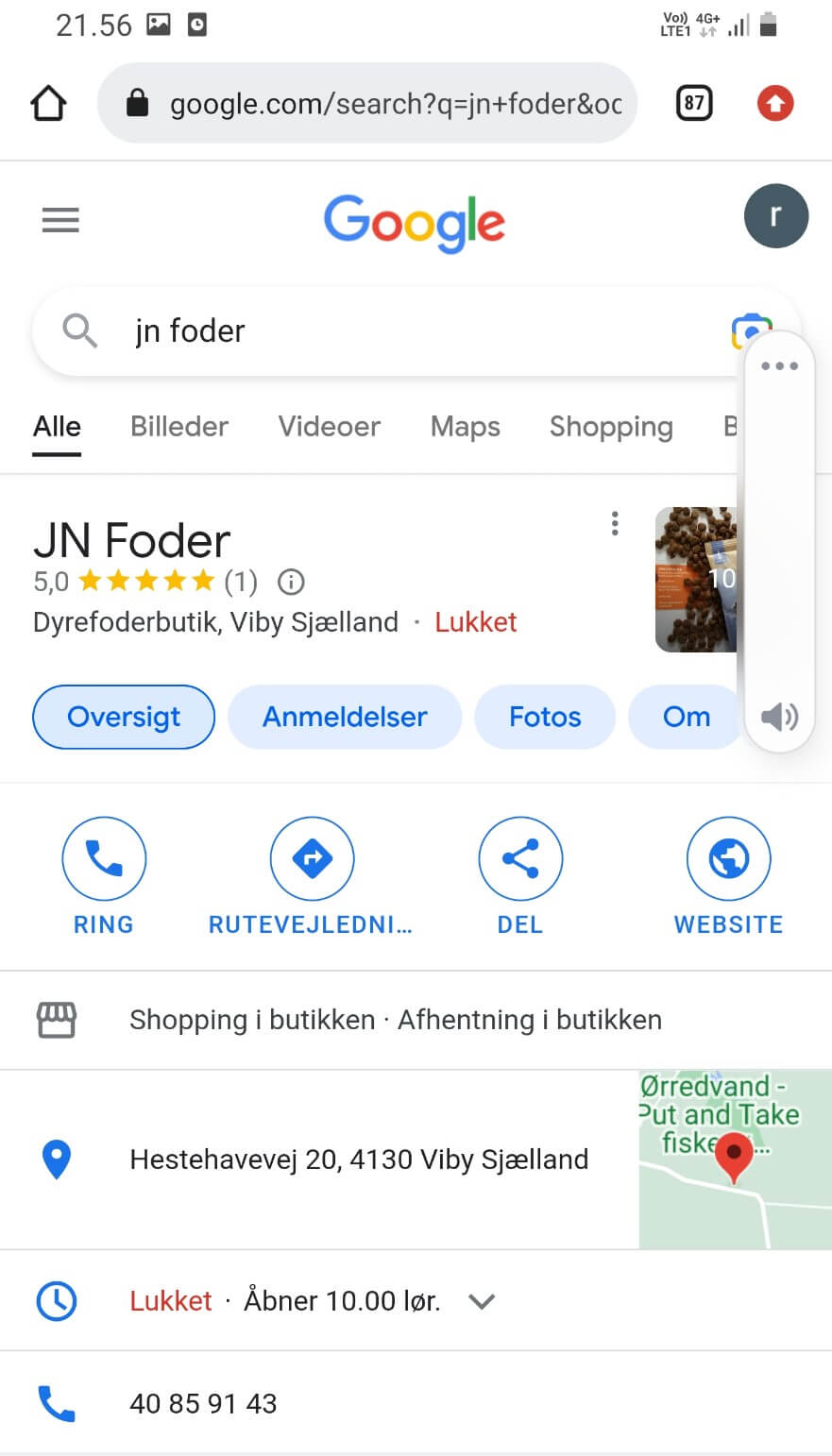 google my business eksempel på mobil resultat